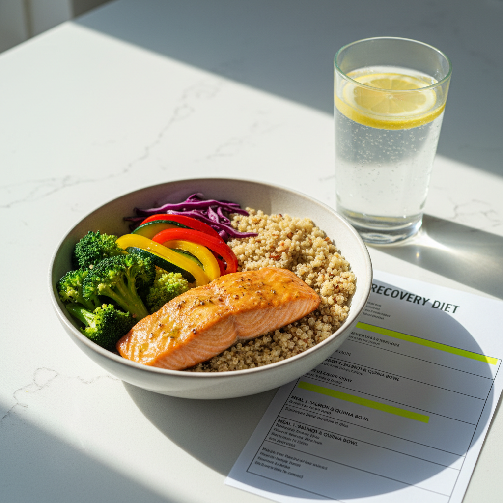 A carefully prepared, nutrient-dense bowl arranged on a smooth white kitchen countertop: roasted salmon fillet with a light glaze, steamed broccoli florets, quinoa, and colorful sliced vegetables drizzled with a small amount of olive oil. A printed meal plan with neatly highlighted sections lies partially under the bowl, alongside a glass of water infused with lemon slices. Cool midday daylight streams in from an off-frame window, creating crisp, natural highlights on the food and counter while keeping shadows soft and minimal. Photographed from a slightly elevated angle with sharp focus throughout, the image feels clean, modern, and professional, emphasizing balanced nutrition for recovery in realistic photographic style.